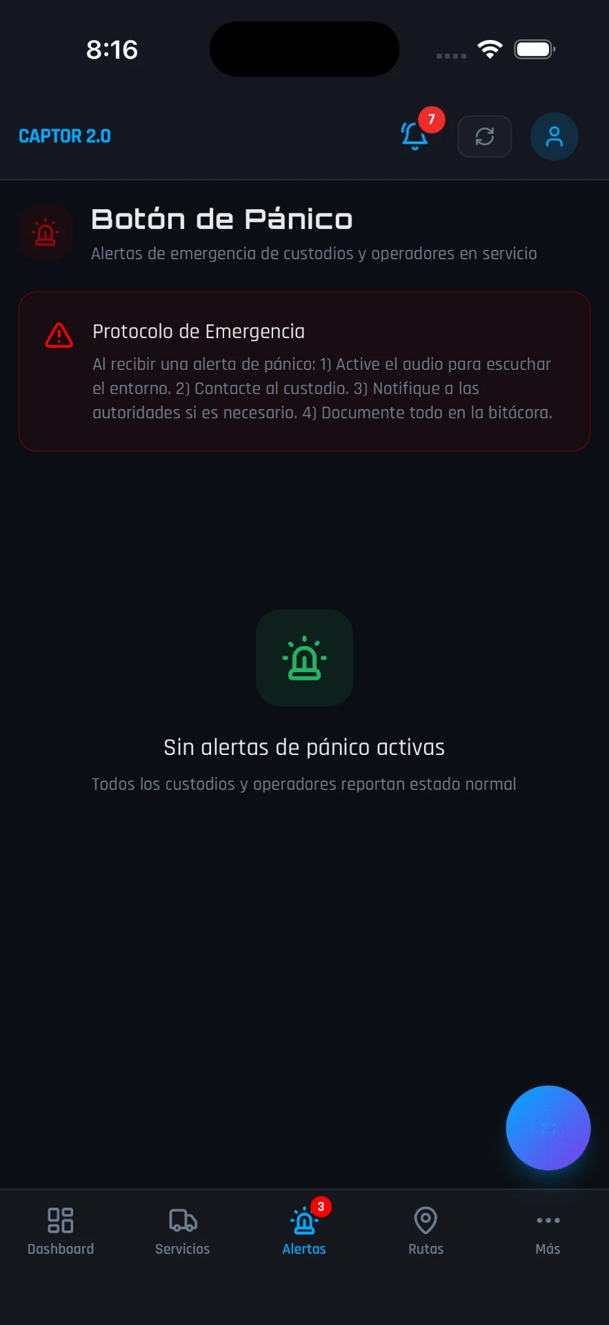 Pantalla de botón de pánico y protocolo de emergencia en la app CAPTOR