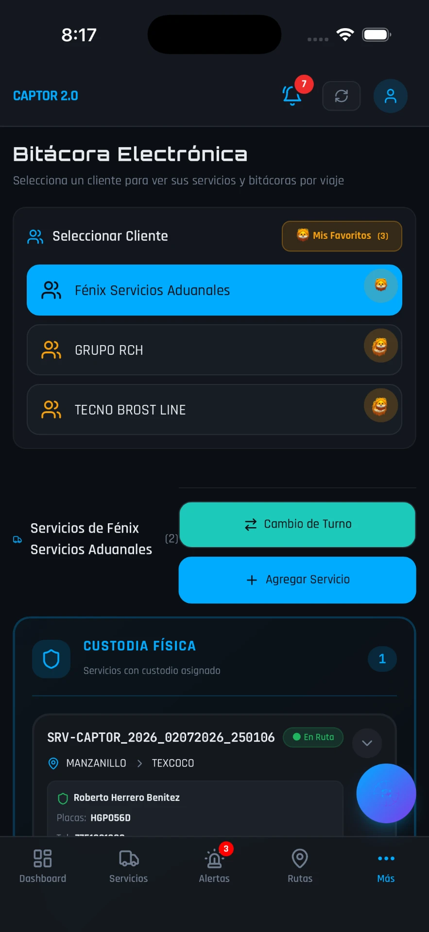Bitácora electrónica por cliente y por viaje en la app CAPTOR