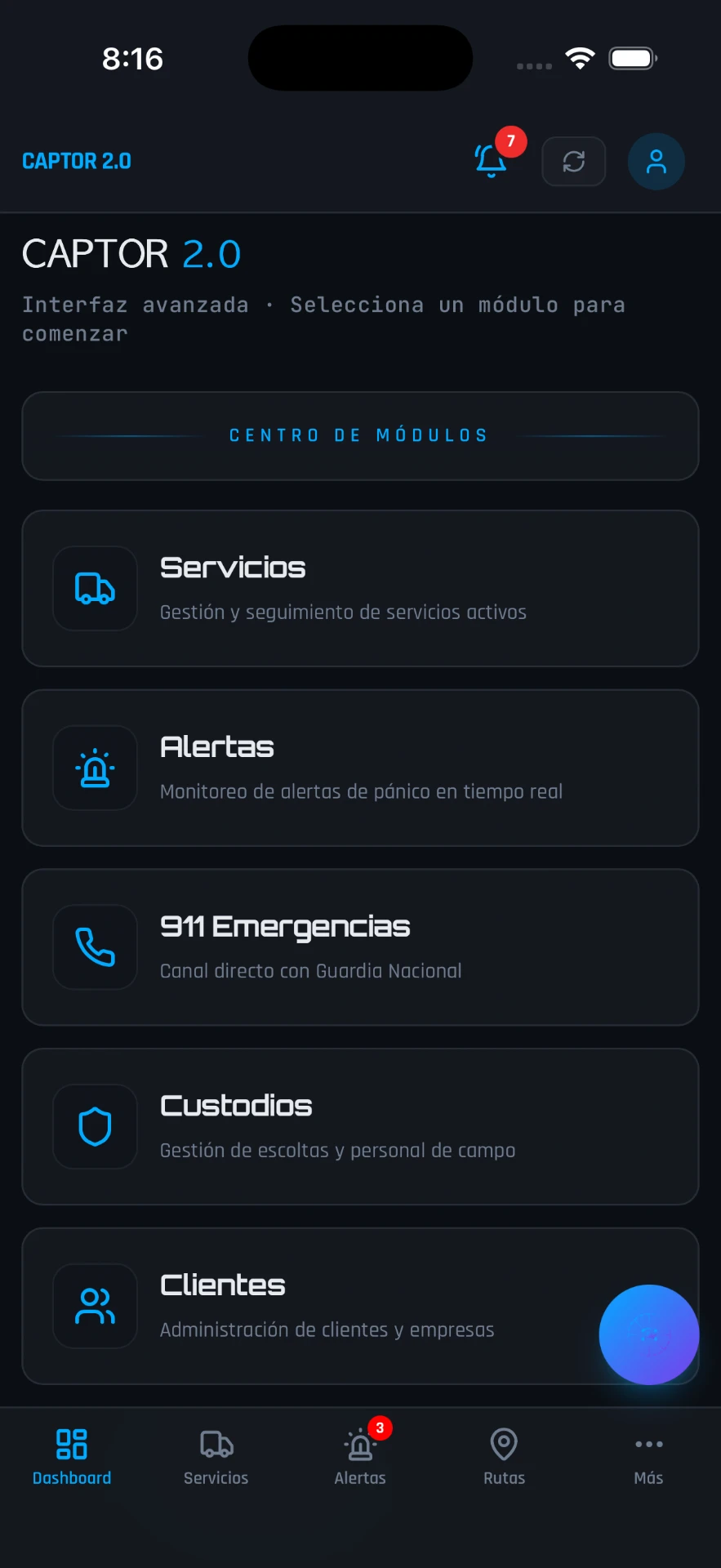 Centro de módulos de la app CAPTOR: servicios, alertas, 911, custodios y clientes